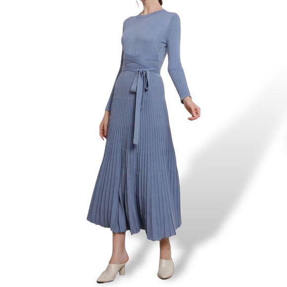 Dresses & Skirts - Cashmere Crew Neck Knit Belt Fitted Pleated Waist Swing Sweater Midi Dress Large
